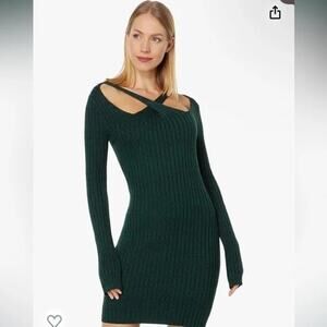 NEW Monrow Green Cosmo Rib Sweater Dress w/Crossover Neck Sz Small